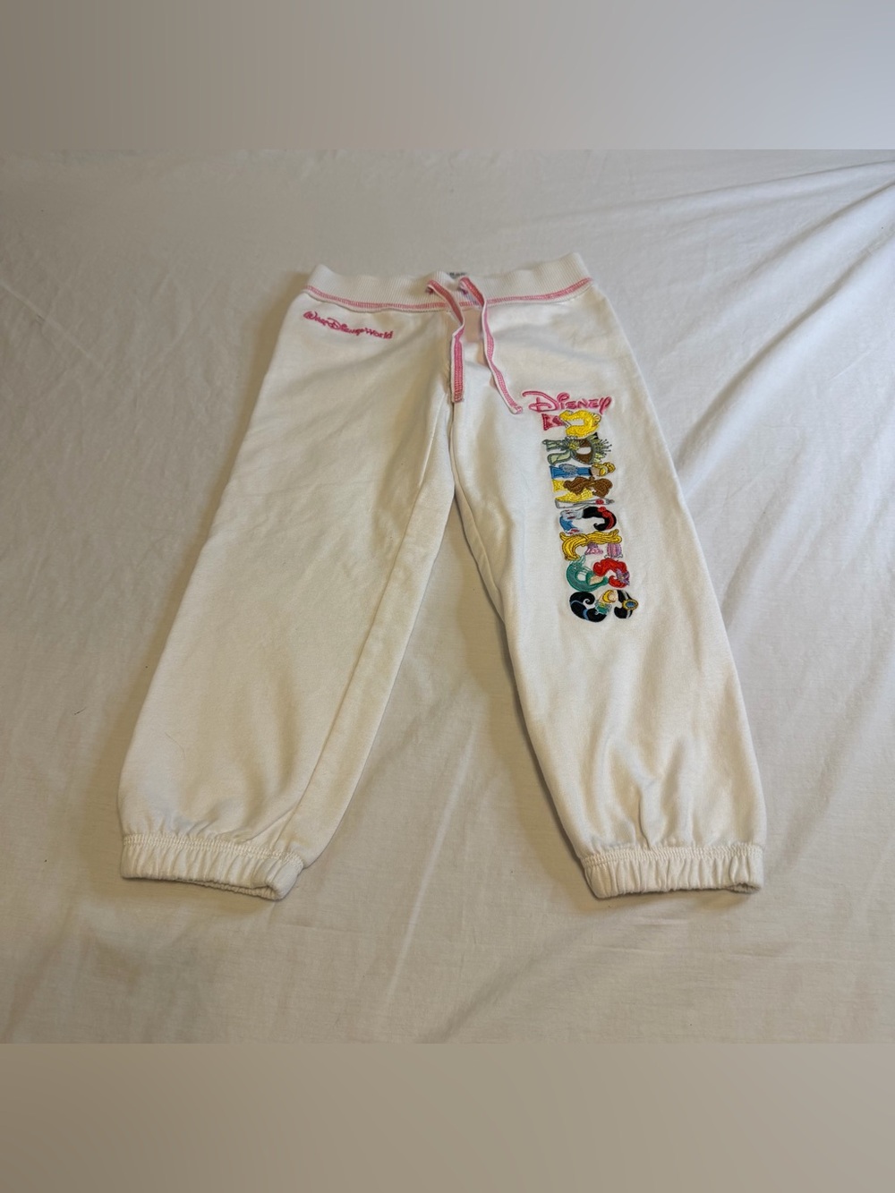 Disney Girls' White Character Sweatpants with Pink Trim Size XS